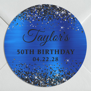 Black Glitter Royal Blue Foil 50th Birthday Classic Round Sticker