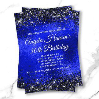 Black Glitter Royal Blue Glass Foil 30th Birthday Invitation