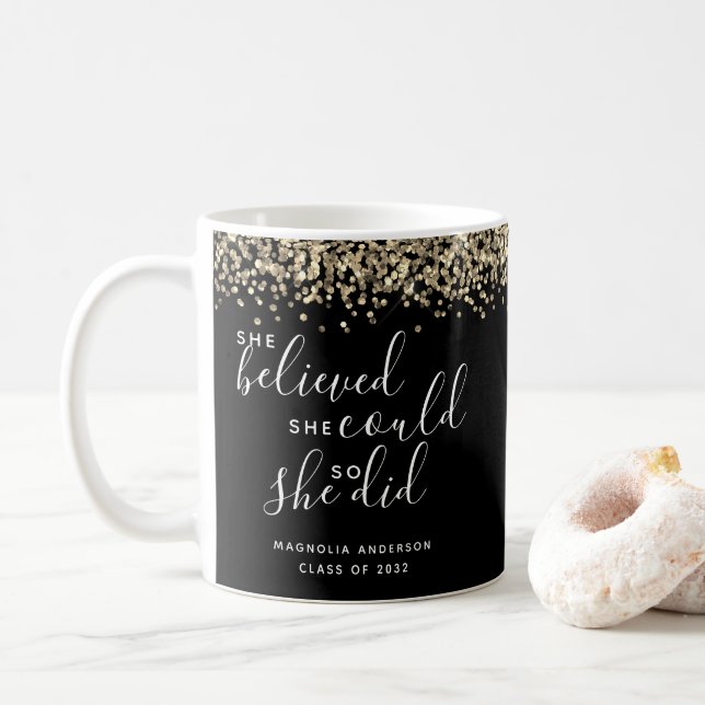 Black Glitter She Believed She Could Graduation Coffee Mug (With Donut)