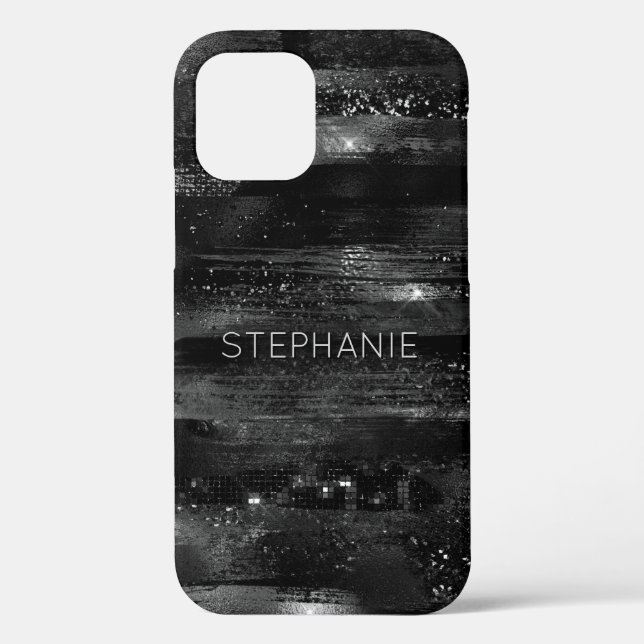 Black Glitter Shimmer Modern Personalised Name Case-Mate iPhone Case (Back)