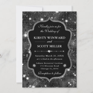 Black Glitter Shimmer Retro Luxe Frame Wedding Invitation