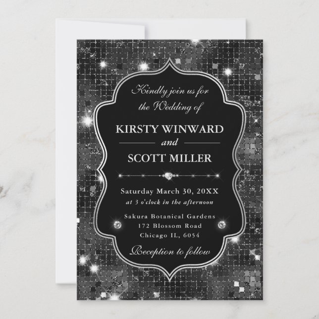 Black Glitter Shimmer Retro Luxe Frame Wedding Invitation (Front)