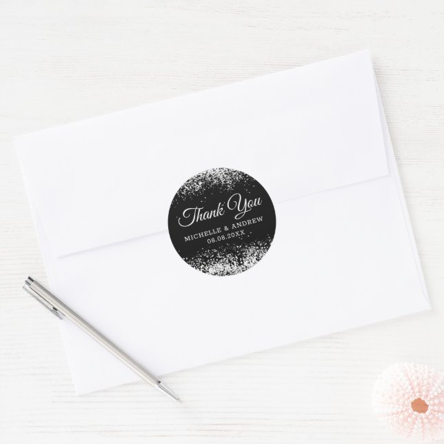 Black Glitter | Silver Confetti Classic Round Sticker (Envelope)