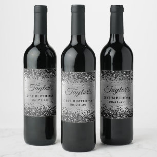 Black Glitter Silver Foil 21st Birthday Wine Label