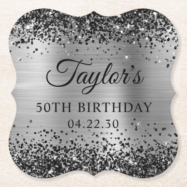 Black Glitter Silver Foil 50th Birthday Paper Coaster (Front)