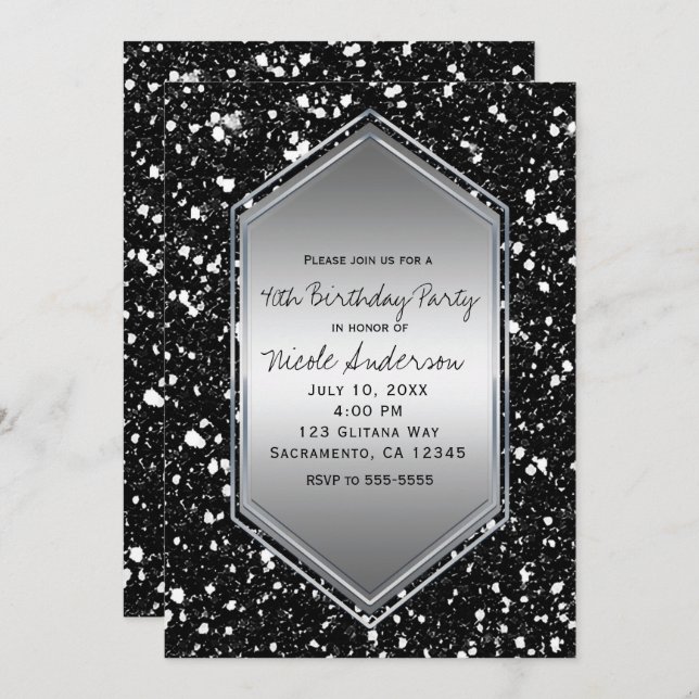 Black Glitter Silver Glam Birthday Party Any Event Invitation (Front/Back)