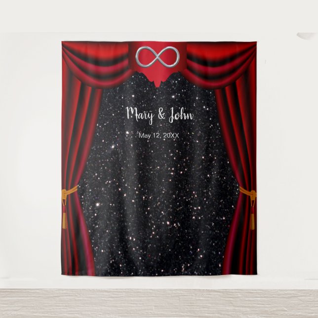 Black Glitter Silver Infinity Red Curtain Backdrop Tapestry (Front)