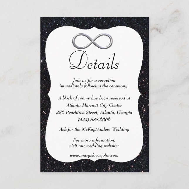 Black Glitter Silver Infinity Wedding Details Enclosure Card (Front)