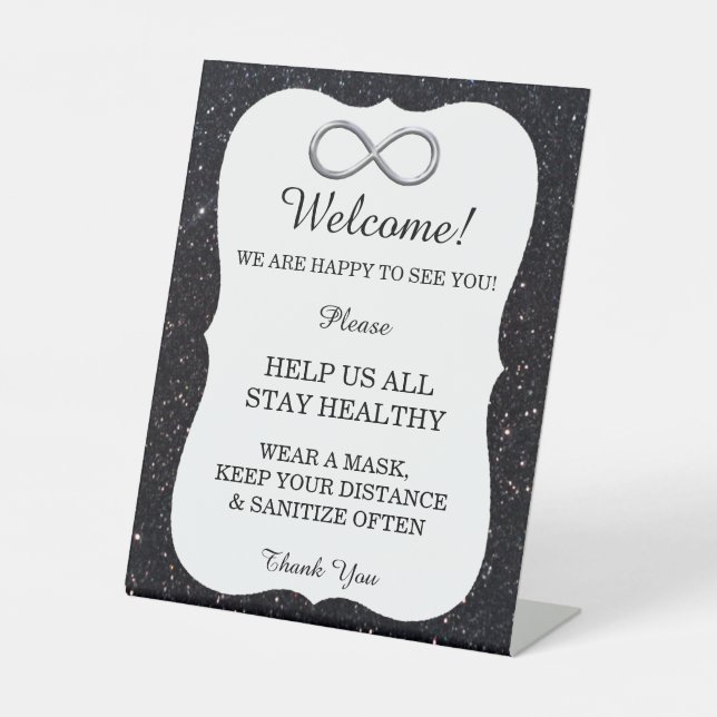 Black Glitter Silver Infinity Wedding Safety  Pedestal Sign (Front)