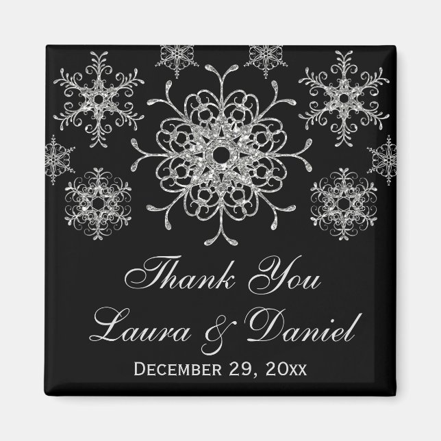 Black Glitter Snowflakes Wedding Favour Magnet (Front)