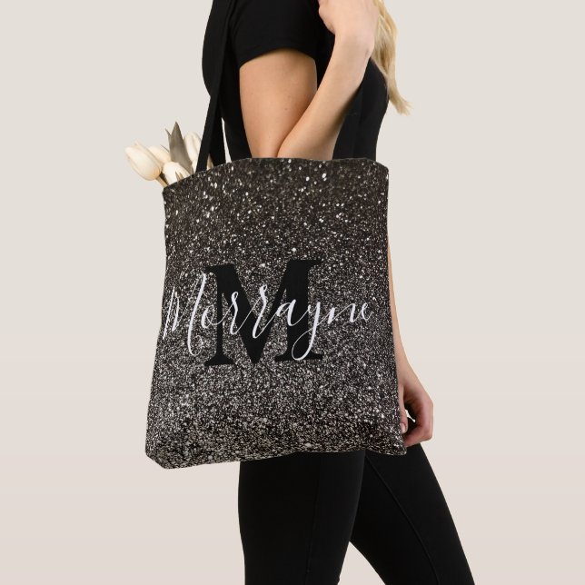 Black Glitter Sparkle Glam Chic Monogram Name  Tote Bag (Close Up)