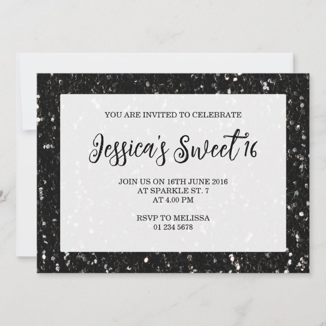 Black glitter sparkles Sweet 16 elegant script Invitation (Front)