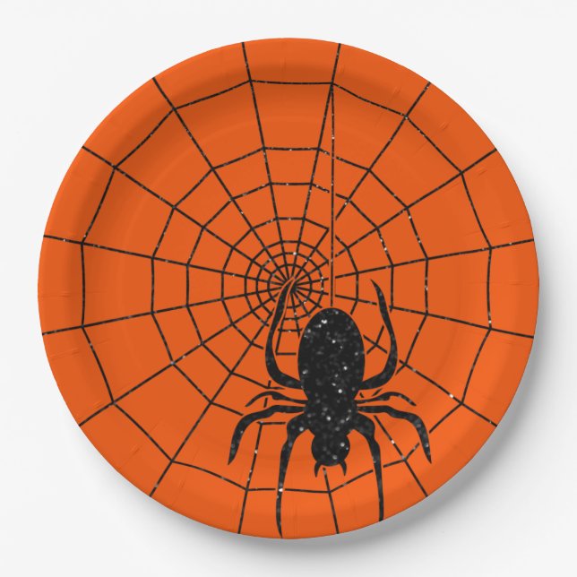 Black Glitter Spiderweb Halloween Paper Plate (Front)