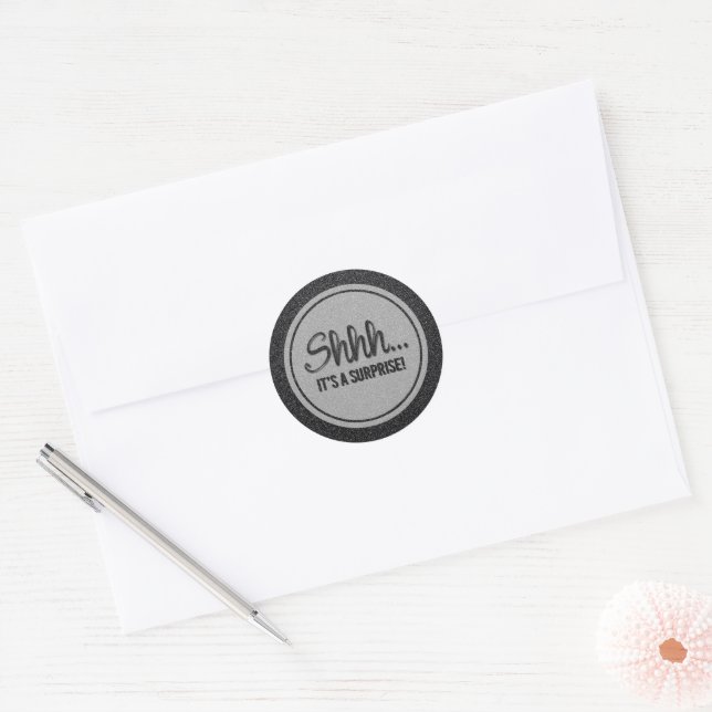 Black Glitter SURPRISE Party Classic Round Sticker (Envelope)