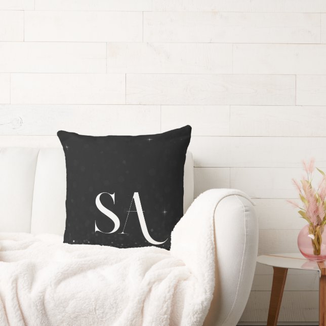 Black Glitter Throw Pillow with Initials (Couch)