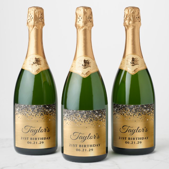 Black Glitter Top Border Gold Foil 21st Birthday Sparkling Wine Label (Bottles)