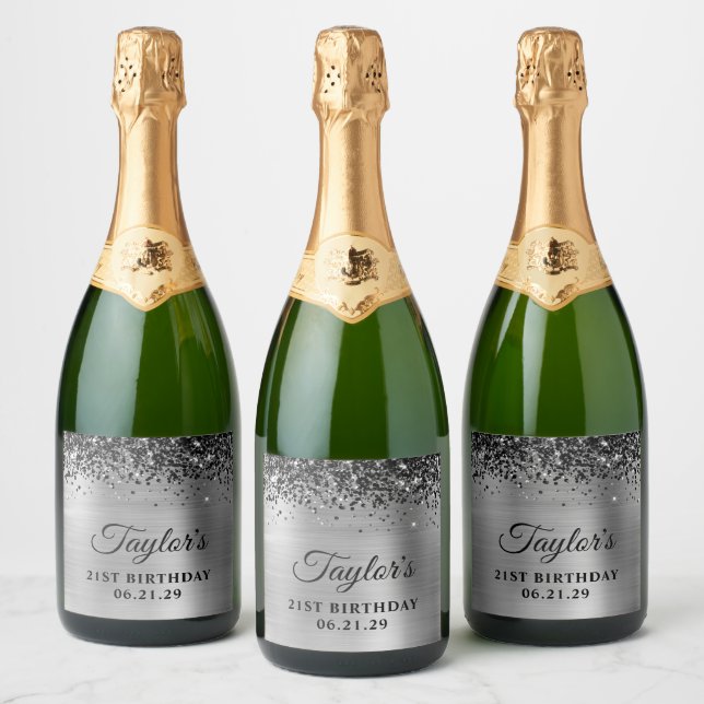 Black Glitter Top Border Silver Foil 21st Birthday Sparkling Wine Label (Bottles)