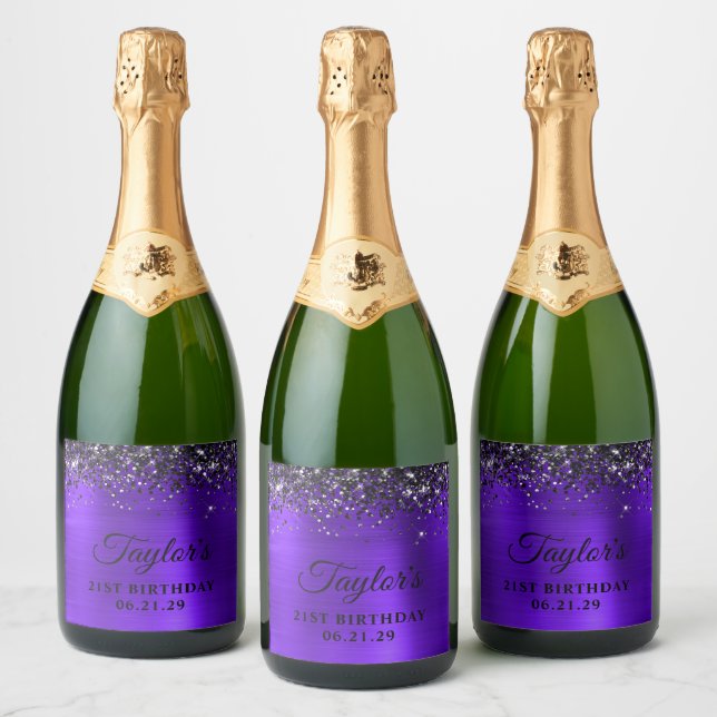 Black Glitter Top Border Violet Foil 21st Birthday Sparkling Wine Label (Bottles)