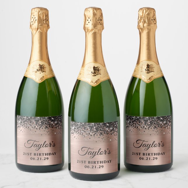 Black Glitter Top Rose Gold Foil 21st Birthday Sparkling Wine Label (Bottles)