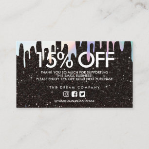 Black Glitter Trendy Discount Holo Drip Thank You Business Card