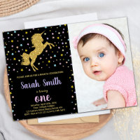 Black Glitter Unicorn Birthday Invitations w Photo