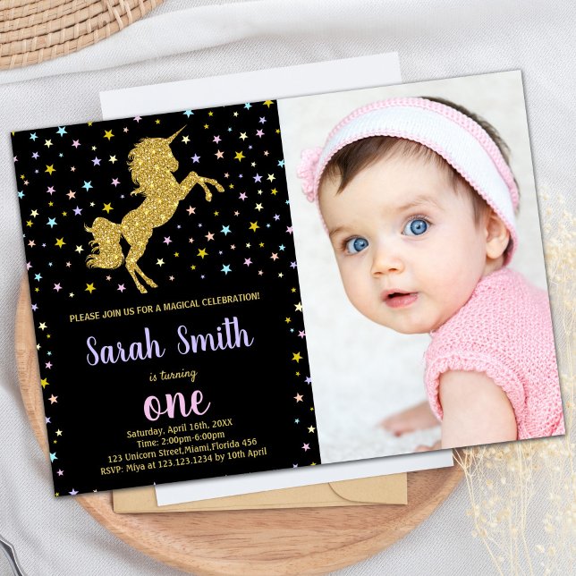 Black Glitter Unicorn Birthday Invitations w Photo (Black Glitter Unicorn Birthday Invitations w Photo)
