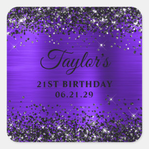 Black Glitter Violet Foil 21st Birthday Square Sticker