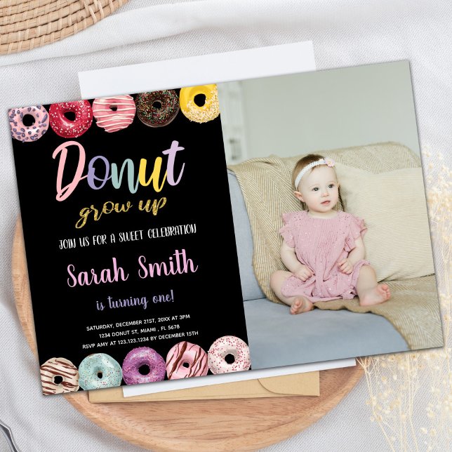 Black Glitter Yellow Photo Doughnut Invitations (Black Glitter Yellow Photo Donut Invitations)