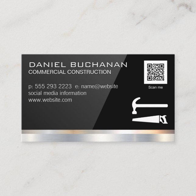 Black Gloss | Saw Hammer | QR Barcode Business Card (Front)