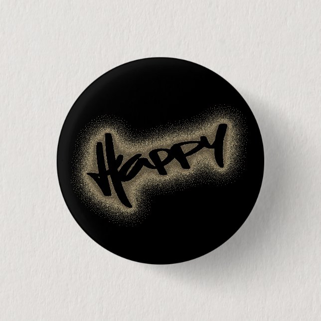 BLACK GLOWING HAPPY GRAFFITI 3 CM ROUND BADGE (Front)