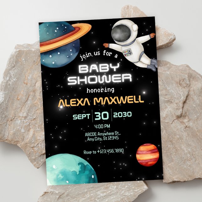 Black glows space planet astronaut baby shower invitation (Creator Uploaded)