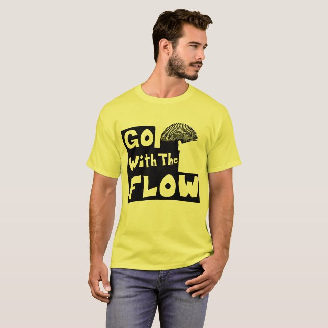 Black "Go with the Flow" with Slinky on Stairs T-Shirt (Front Full)