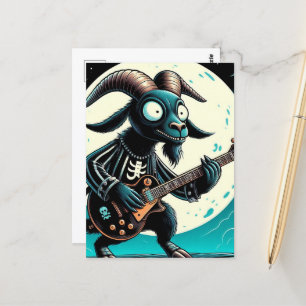 Black Goat Playing Guitar Full Moon Postcard