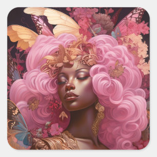 Black Goddess In Pink and Gold Square Sticker