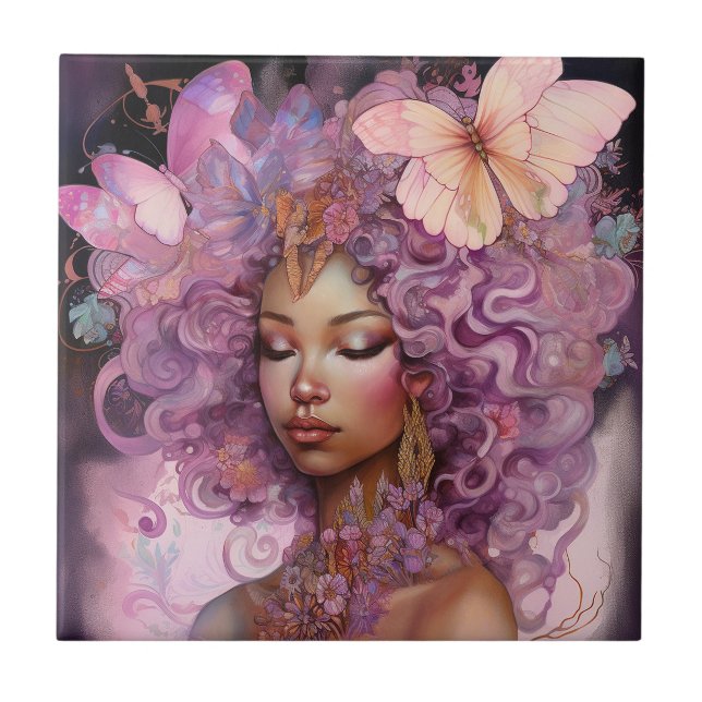 Black Goddess Pink Purple Fantasy Art Ceramic Tile (Front)