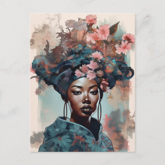 Black Goddess Queen Pink Blue Fantasy Art Postcard (Front)