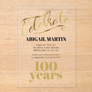 Black Gold 100th Birthday Clear Acrylic Invitations