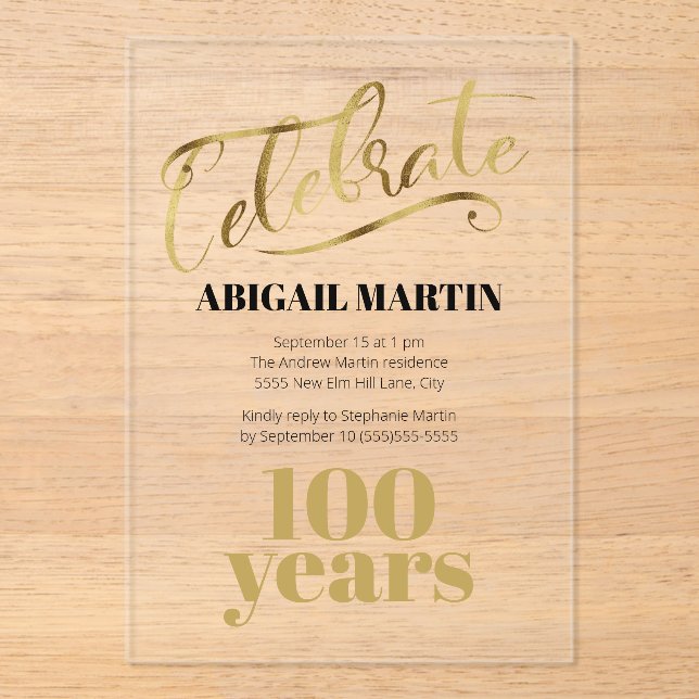 Black Gold 100th Birthday Clear Acrylic Invitations (Front)