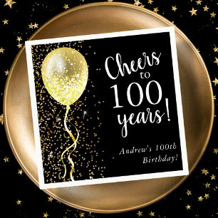 Black & Gold   100th Glitter Balloon Birthday  Napkin