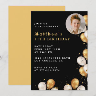 Black Gold 11th birthday invitation Balloon Photo 
