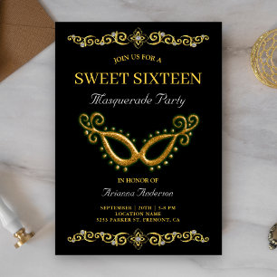 Black Gold 16th Birthday Masquerade Sweet Sixteen Invitation