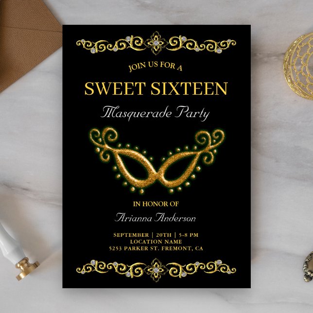 Black Gold 16th Birthday Masquerade Sweet Sixteen Invitation (Creator Uploaded)