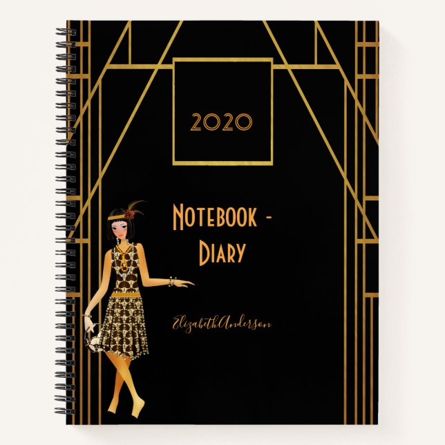 Black gold 1920's art deco diary notebook (Front)
