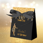 Black gold 1920's art deco glitter retro birthday favour box<br><div class="desc">Elegant faux gold and glam for a 1920's style 21st (or any age) birthday party! An art deco style birthday party thank you favour box in classic black. Decorated with a 1920's style flapper girl and faux gold glitter drips, paint dripping look. Personalise and add your name and age 21....</div>