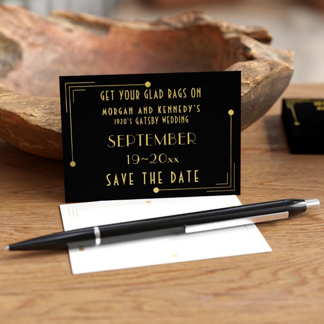Black Gold 1920s Deco Mini Wedding Save the Dates Business Card (If your having a Gatsby Wedding, here's some budget business card sized Save the Dates just for you)