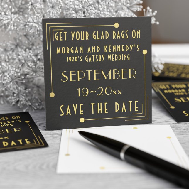 Black Gold 1920s Wedding Save The Dates 100 pack (A pack of 100 business card sized save the dates for your Gatsby Wedding. Just add your detail)