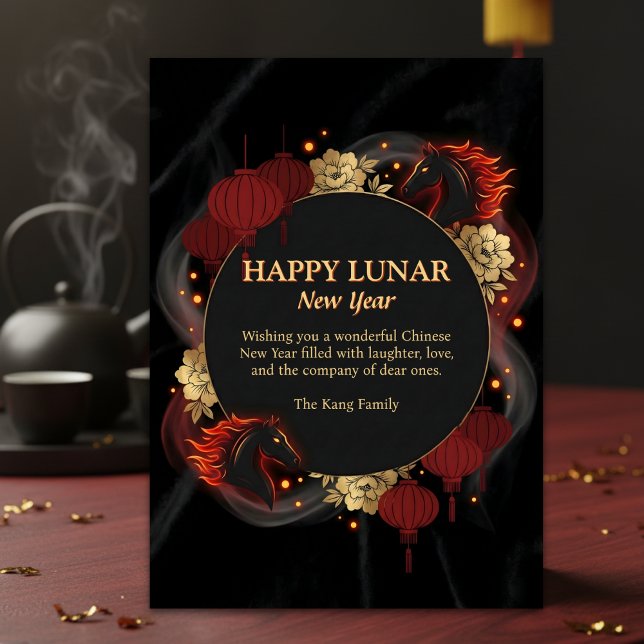 Black Gold 2026 Horse Chinese Lunar New Year Holiday Card (Lunar New Year – Year of the Horse, Black & Gold Lanterns, Personalized)