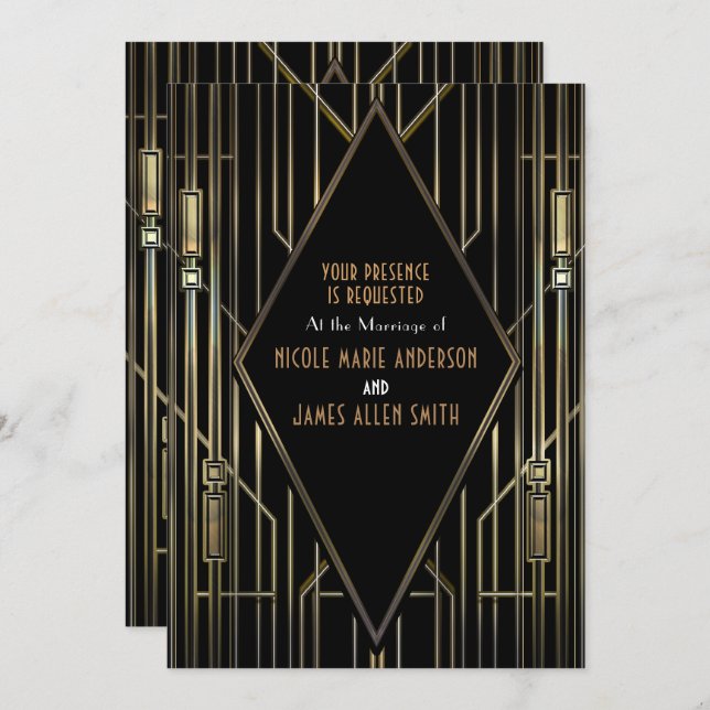Black & Gold 20's Art Deco Gatsby Glam Wedding Invitation (Front/Back)