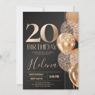 Black Gold 20th Birthday Glam Confetti Balloons Invitation