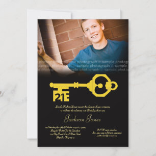 Black & Gold 21st Birthday Party Key Invitation